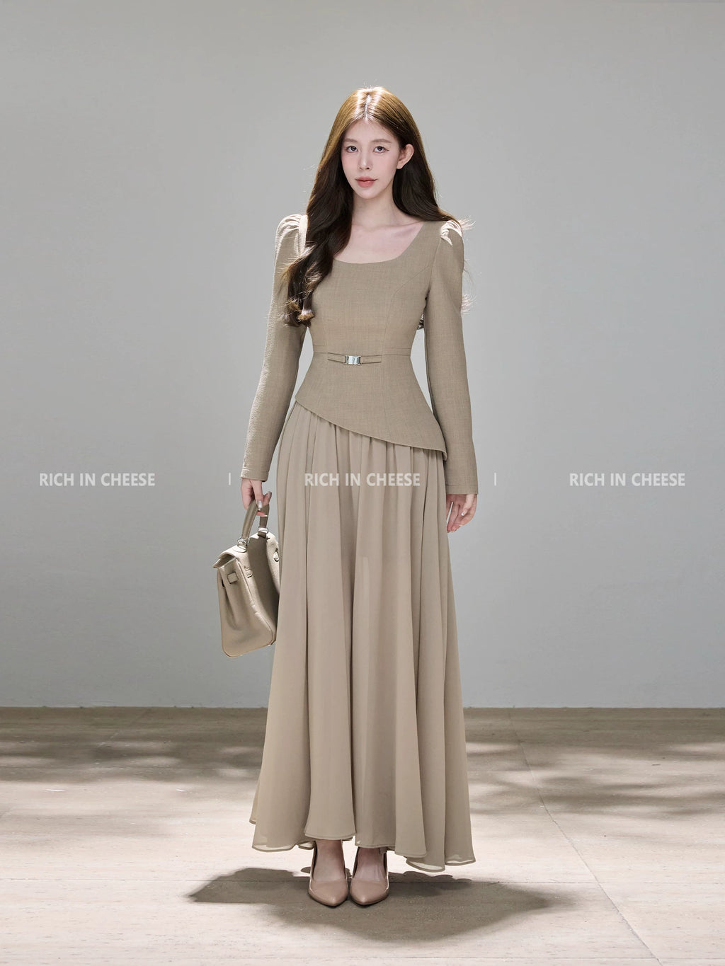 RICH IN CHEESE Mesh Stitching Waist Slim Dress