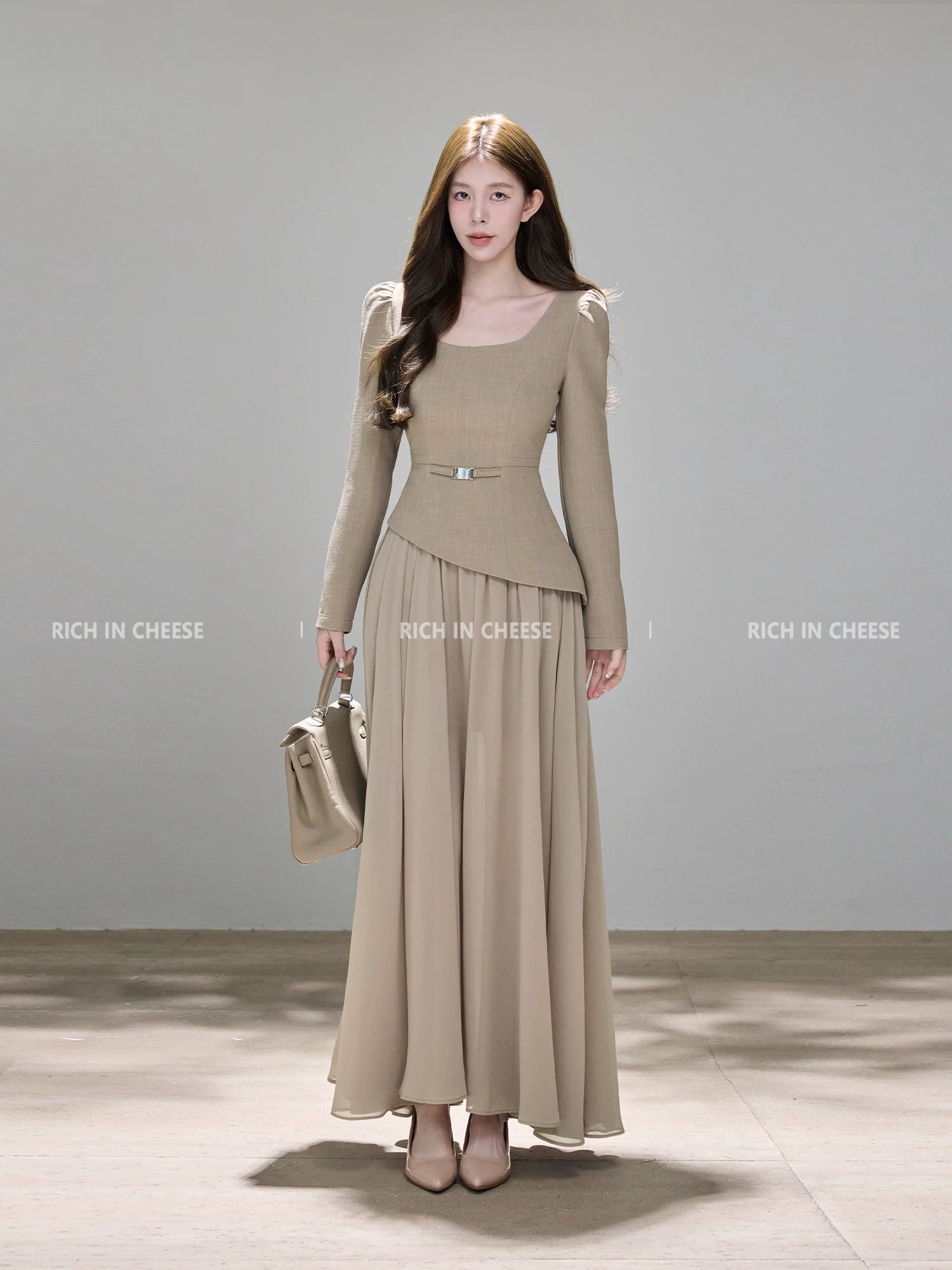 RICH IN CHEESE Mesh Stitching Waist Slim Dress