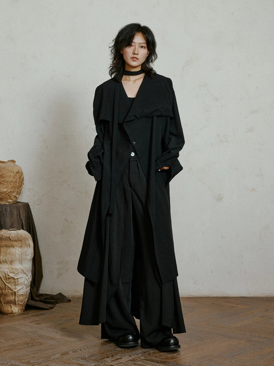 SUNYVONNE Cross-neck One-button Trench Coat