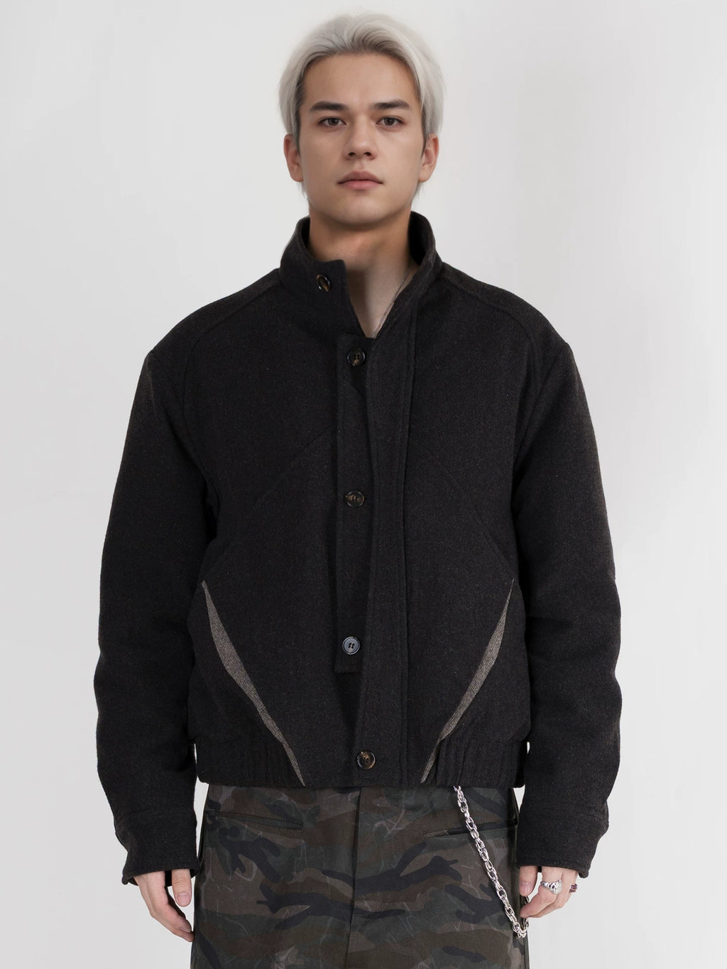 PERDU Double Placket Deconstruction Wool Splicing Stand-up Collar Color Matching Cotton Clothes