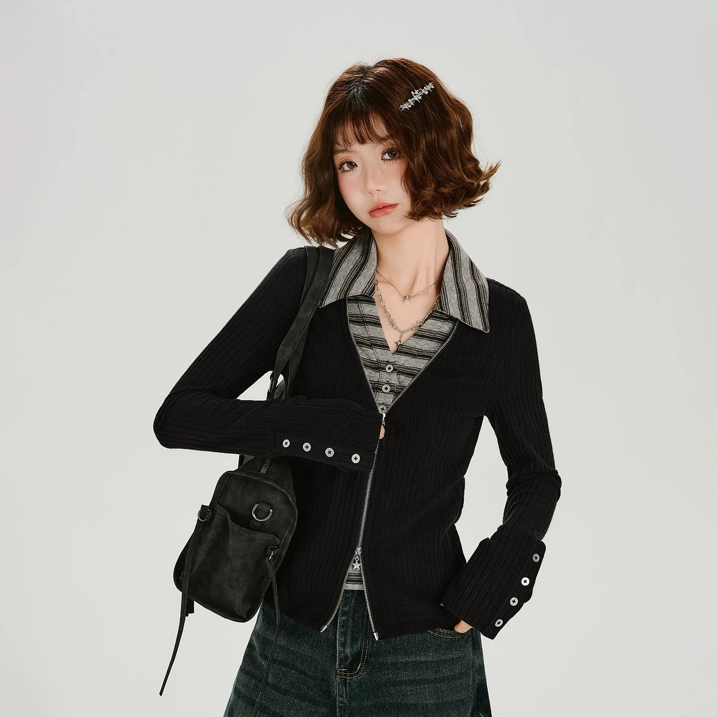 Girlyhalo Vintage Fake Two-Piece Slim-Fit Long Sleeve