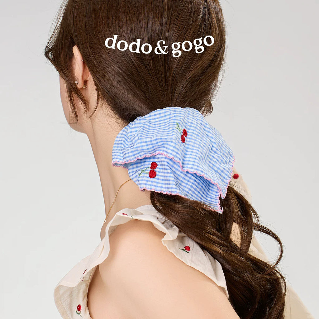 DODOGOGO Blue Plaid Cherry Embroidered Square Hair Tie
