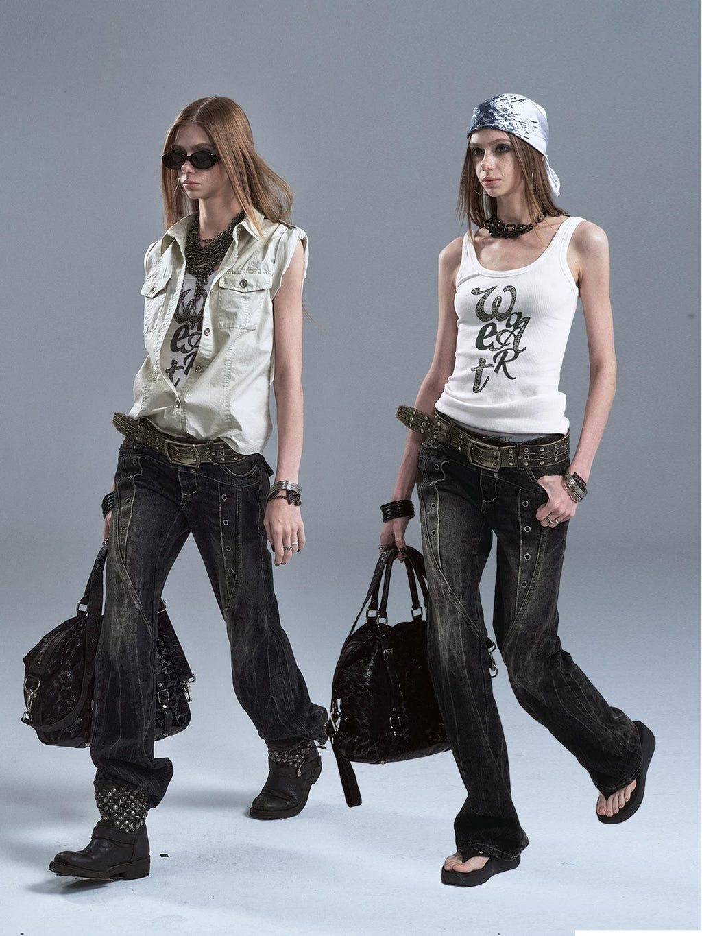 WearAndtear Rivet Lightning Pattern Slightly Pulled Low Waist Jeans