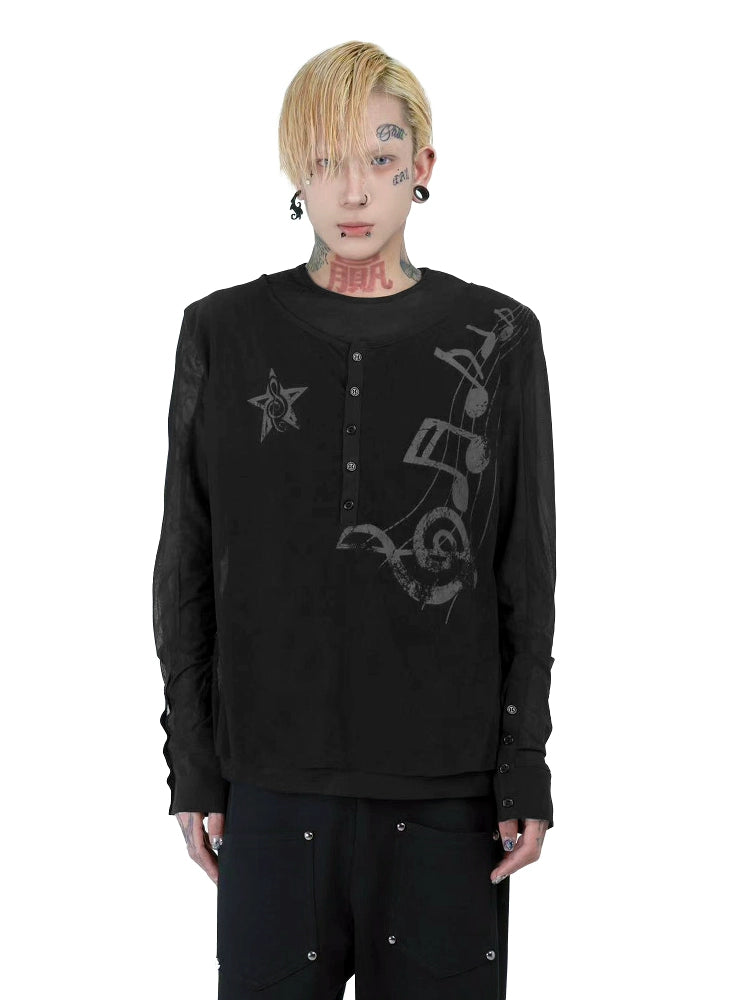 DETW Double-breasted Mesh Yarn Micro-transparent Slim-fit Long-sleeved T