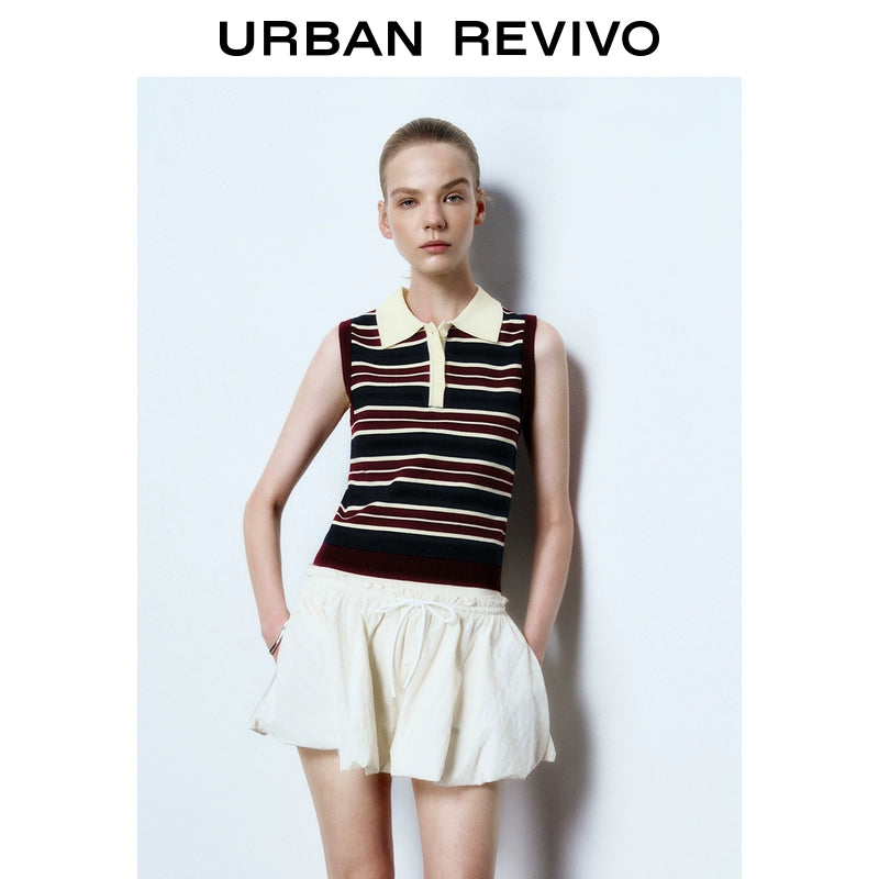 URBAN REVIVO College Contrast Striped Button Sleeveless Knitted Sweater