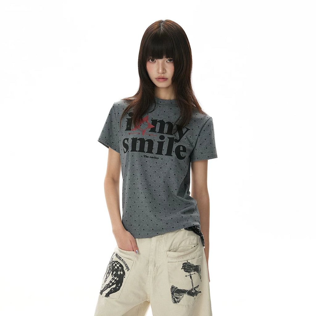 A PUEE Retro Polka Dot Round Neck Front Shoulder Slim Tee