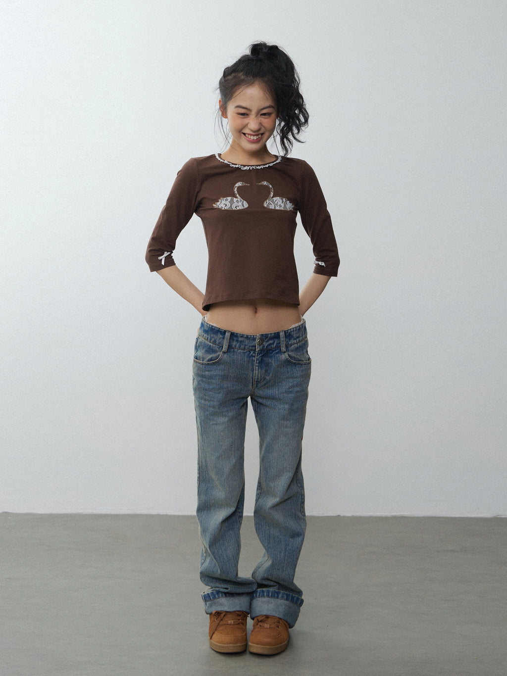 In Two Twos Lace Patch Embroidered Floral Tee