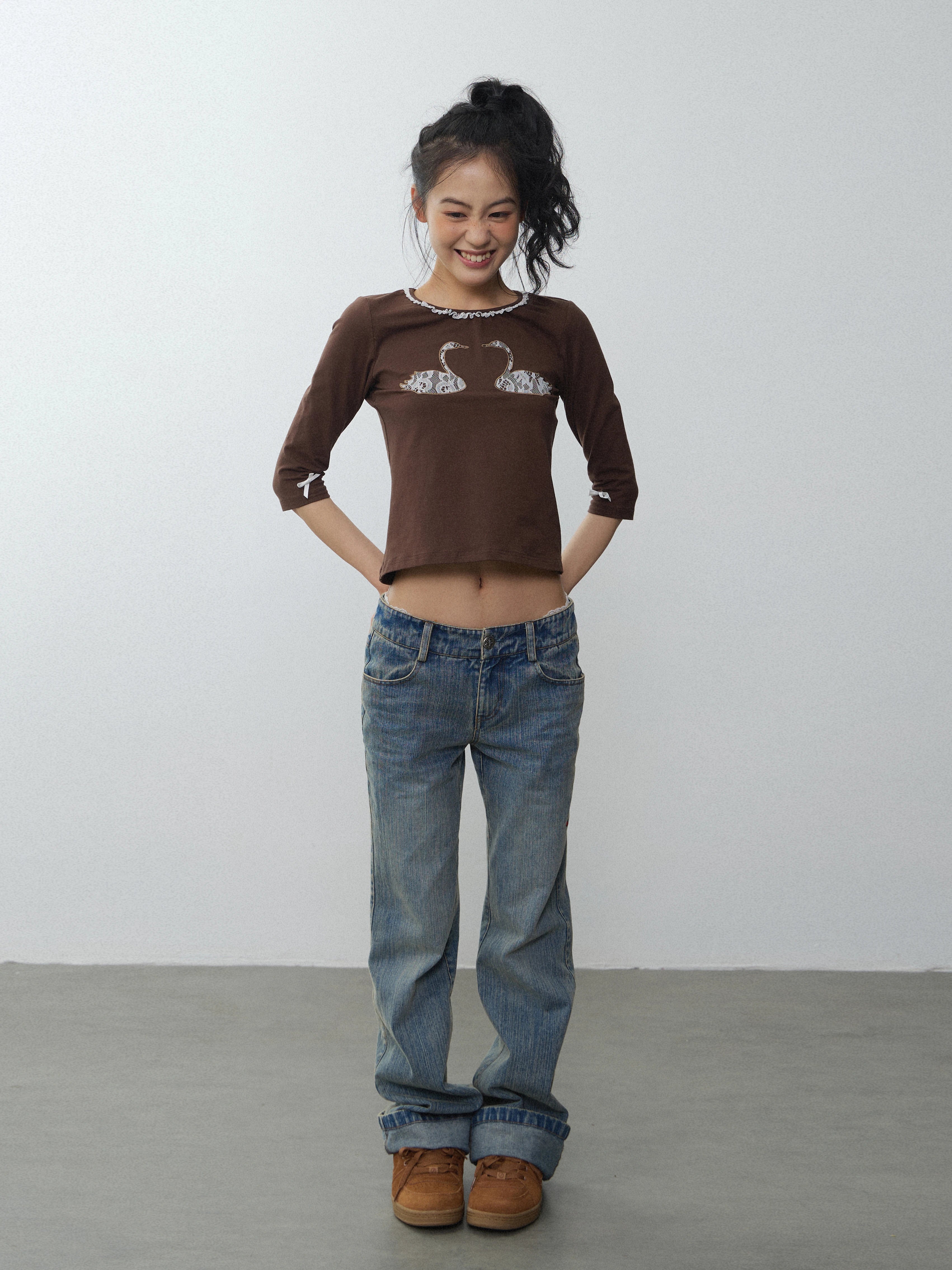 In Two Twos Lace Patch Embroidered Floral Tee