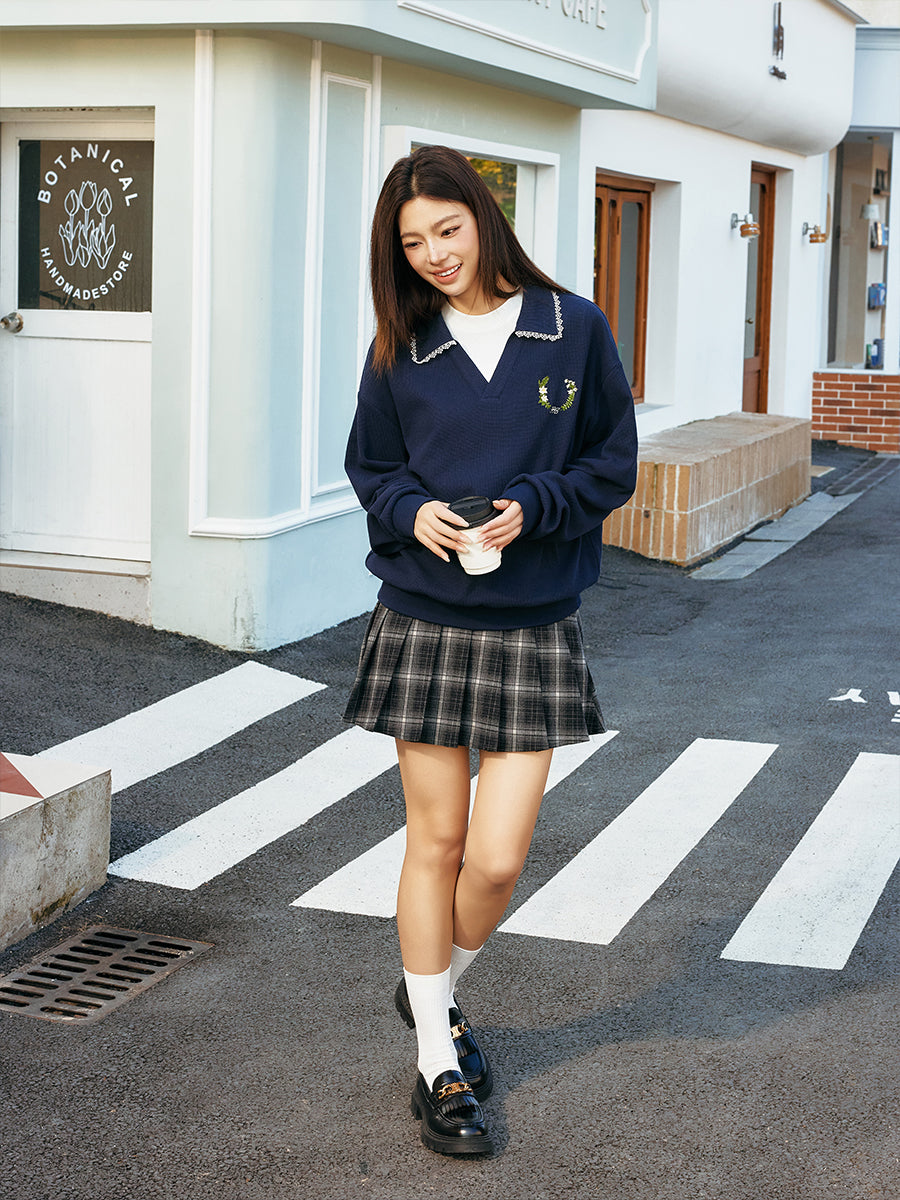 Harshandcruel Korean navy blue waffle V-neck college style lace edge loose seagull neck polo shirt