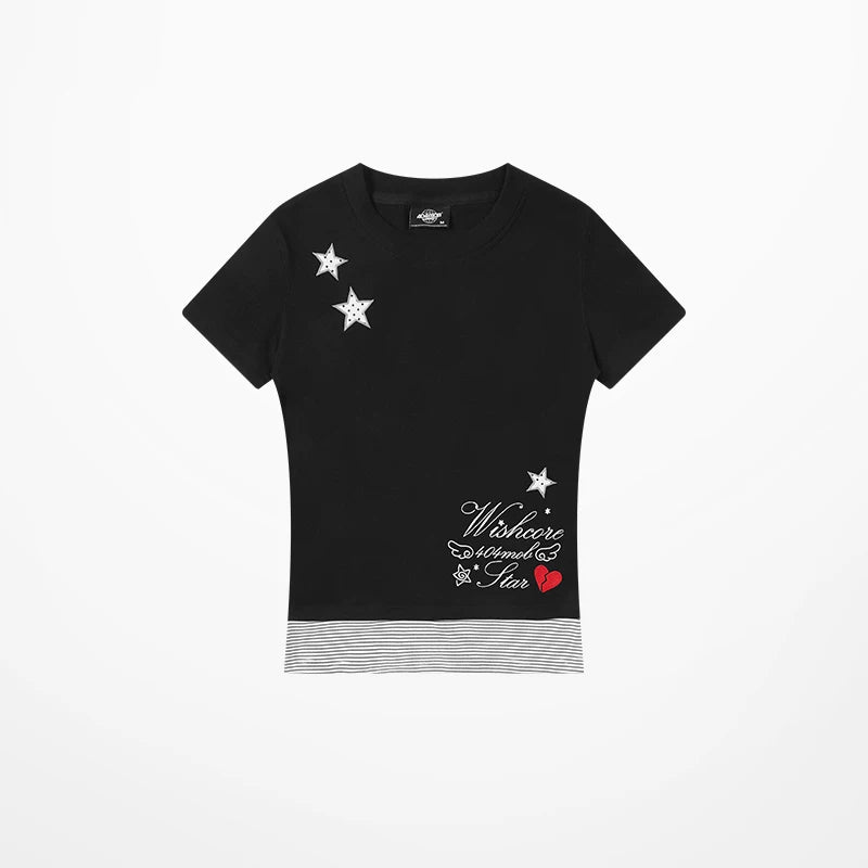 404MOB Crew Neck Striped Embroidered Slim Tee