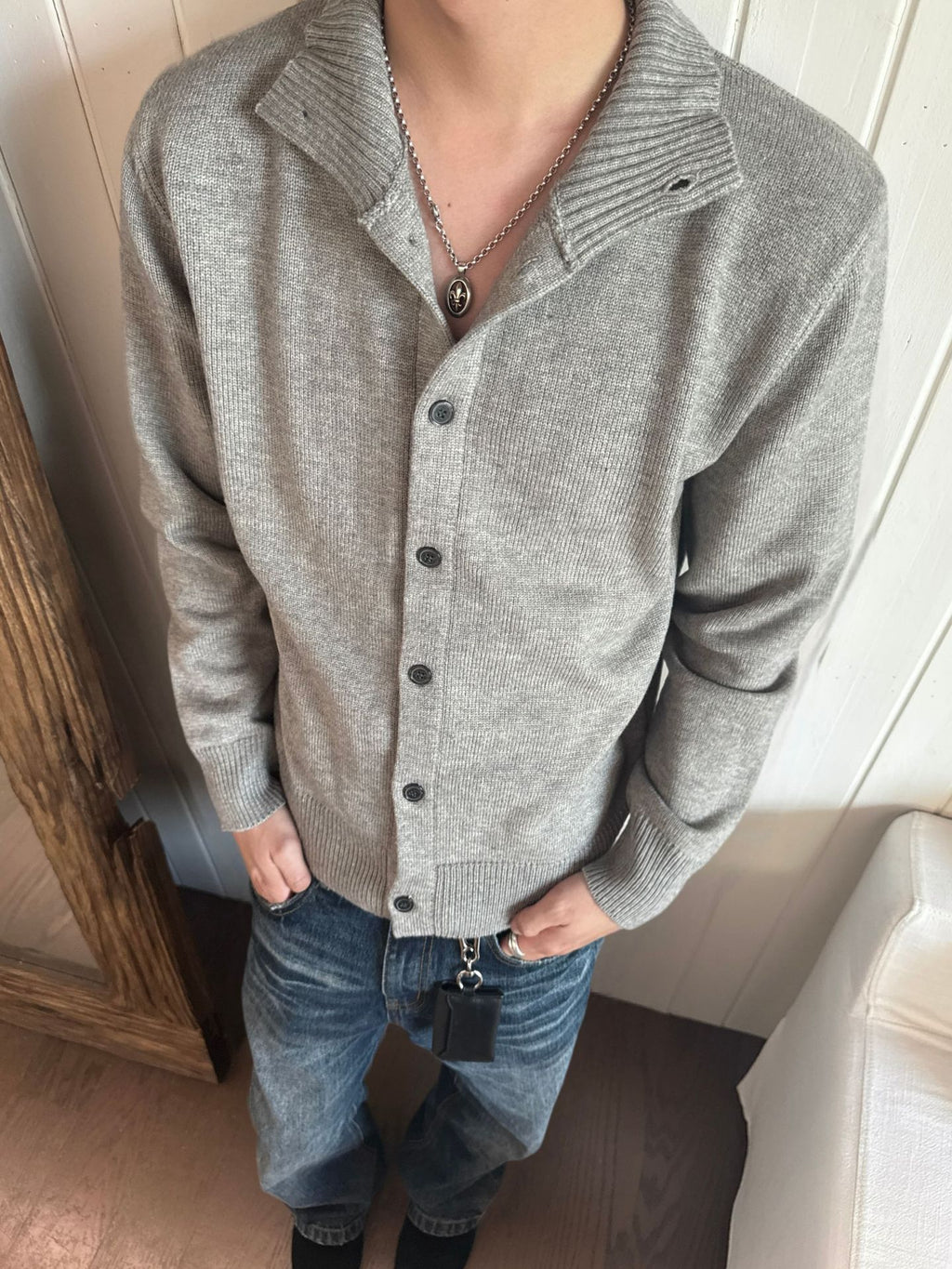 EME Knitted Ribbed Stand-up Neck Cardigan Sweater