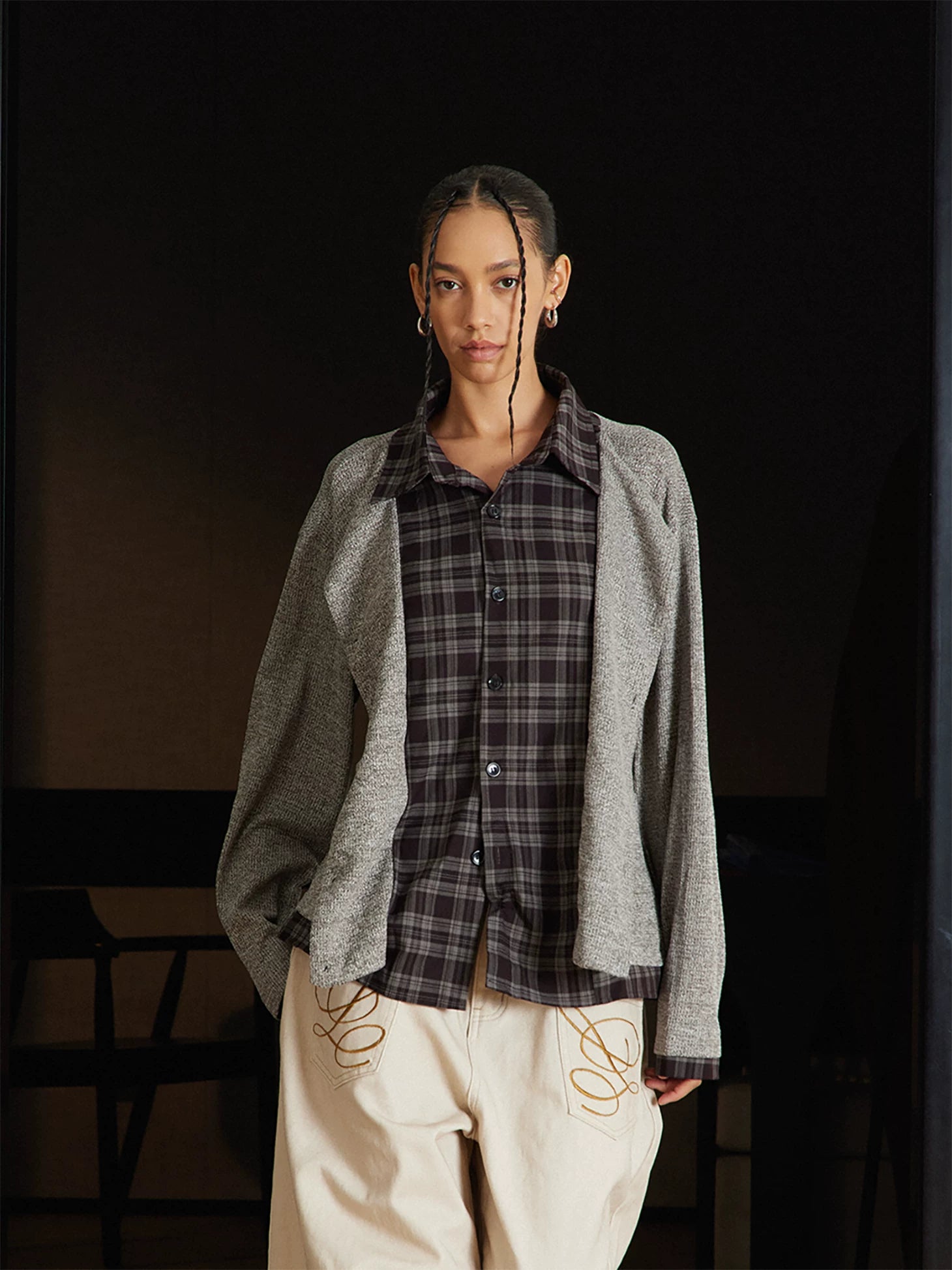 TZ Contrasting Color Layering Splicing Plaid Long-sleeved Shirt