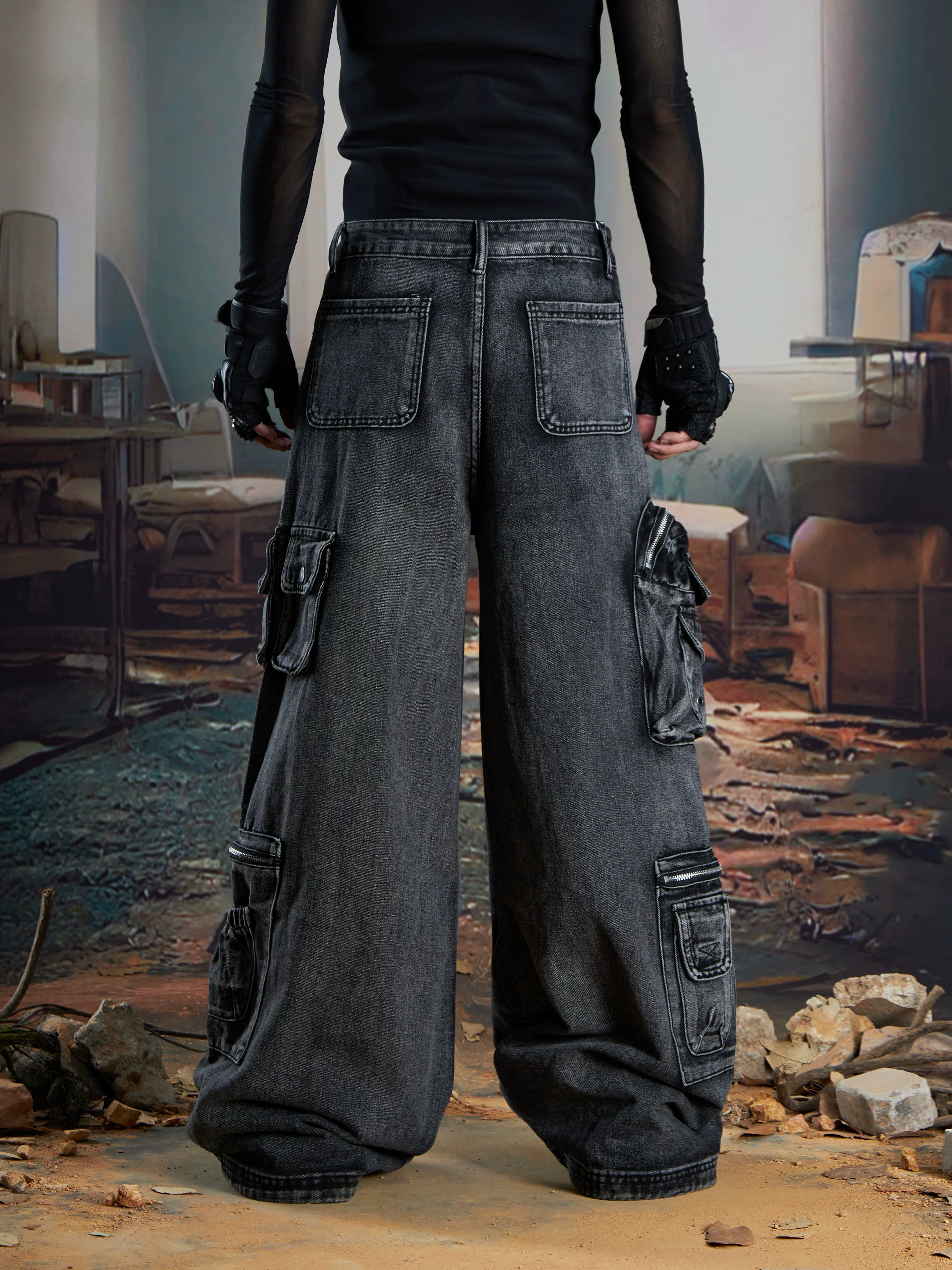 NOMANIAI Multi-pocket Washing Water To Make Old Straight Jeans