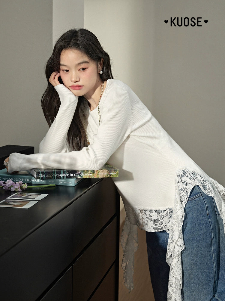 Kuose Irregular Lace Temperament Bottomed Knitted Sweater