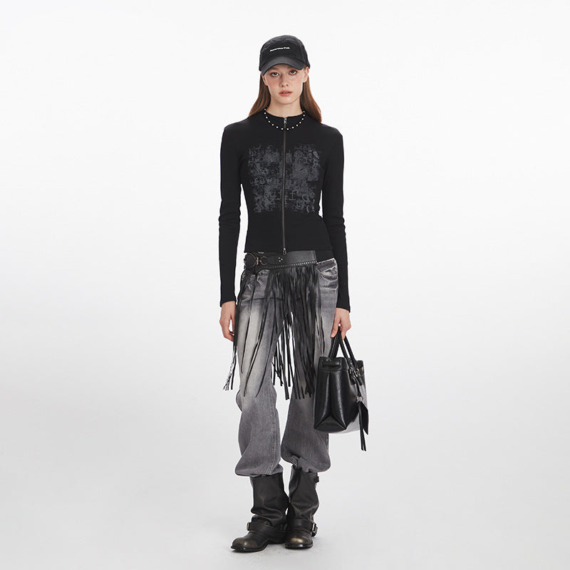 Nariele Small Stand Neck Front Shoulder Slim Sleeve Long Sleeve