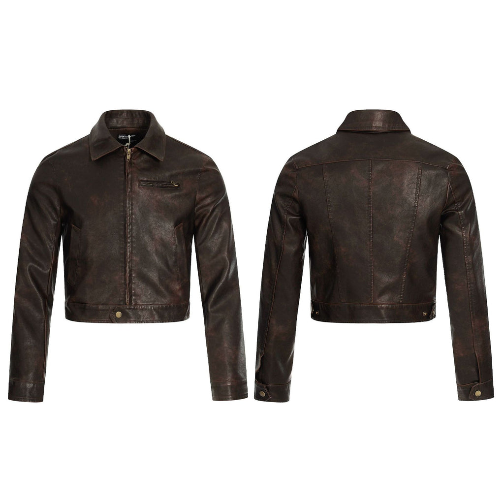 11KN Retro Leather Jacket Lapel Short Jacket