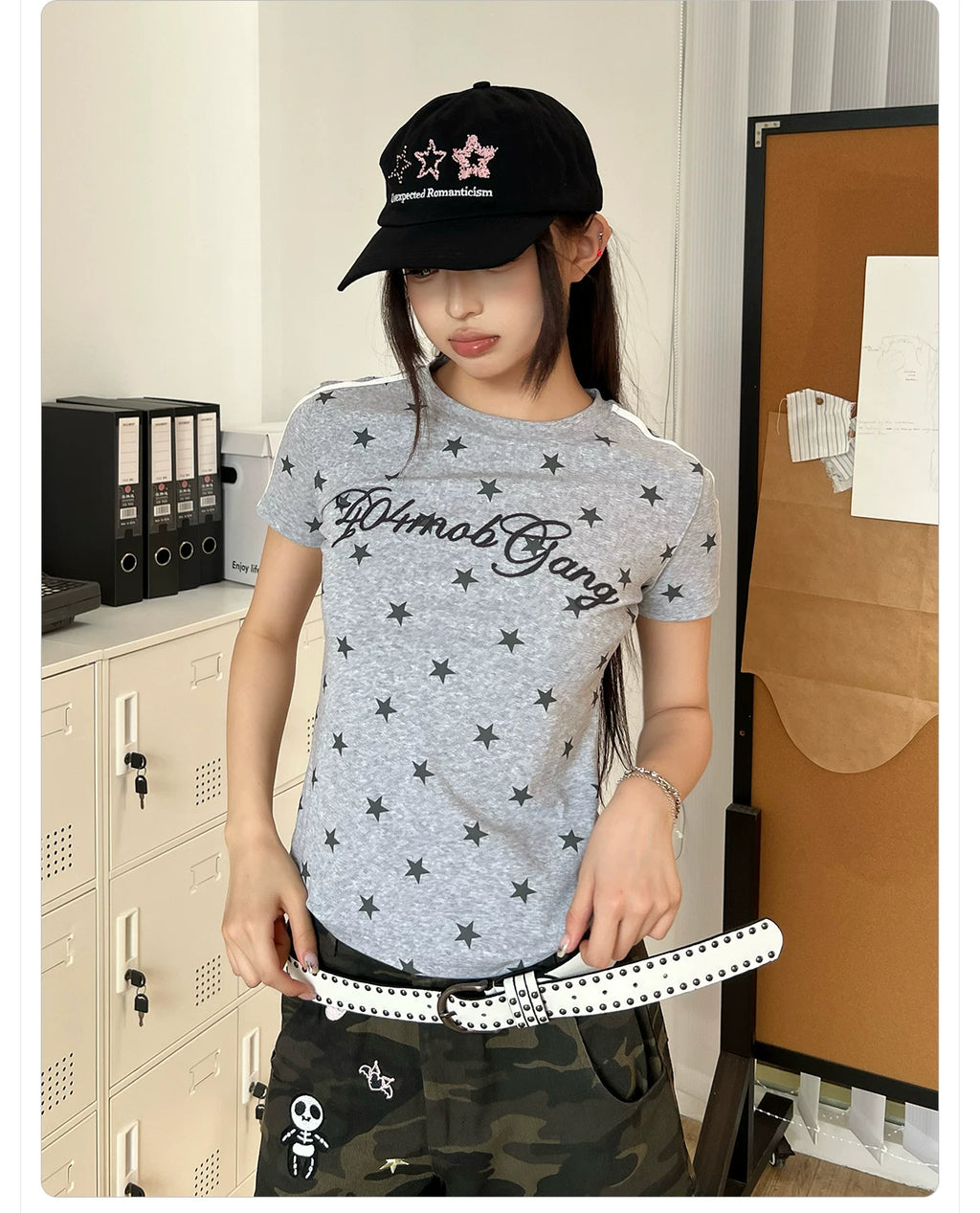 404MOB Chain Embroidery Full Print Striped Slim Tee