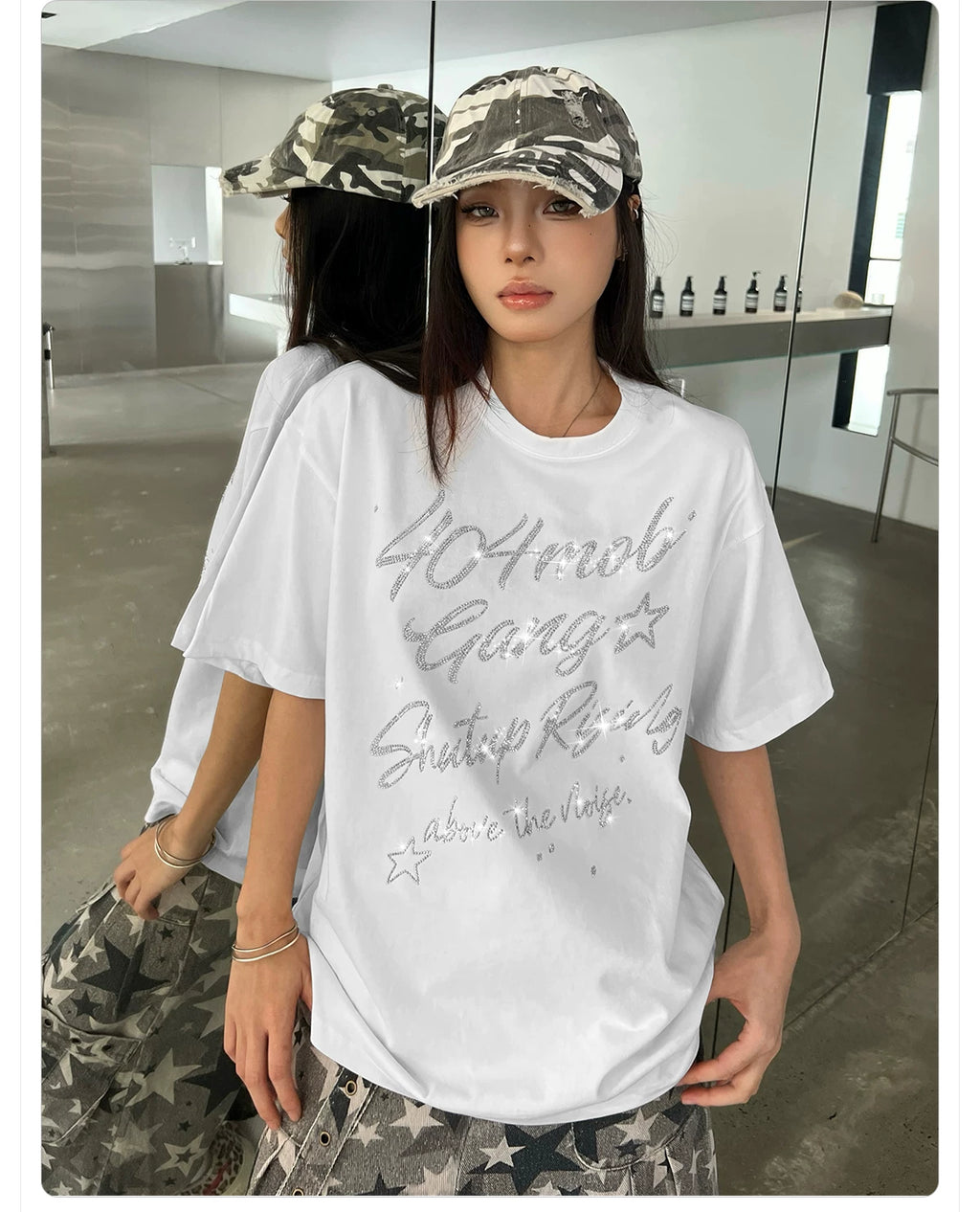 404MOB Letter Hot Diamond Round Neck Loose Tee