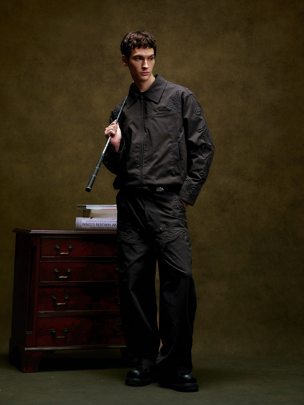 YADcrew Three-dimensional Line Embroidery Straight Tube Wide Overalls