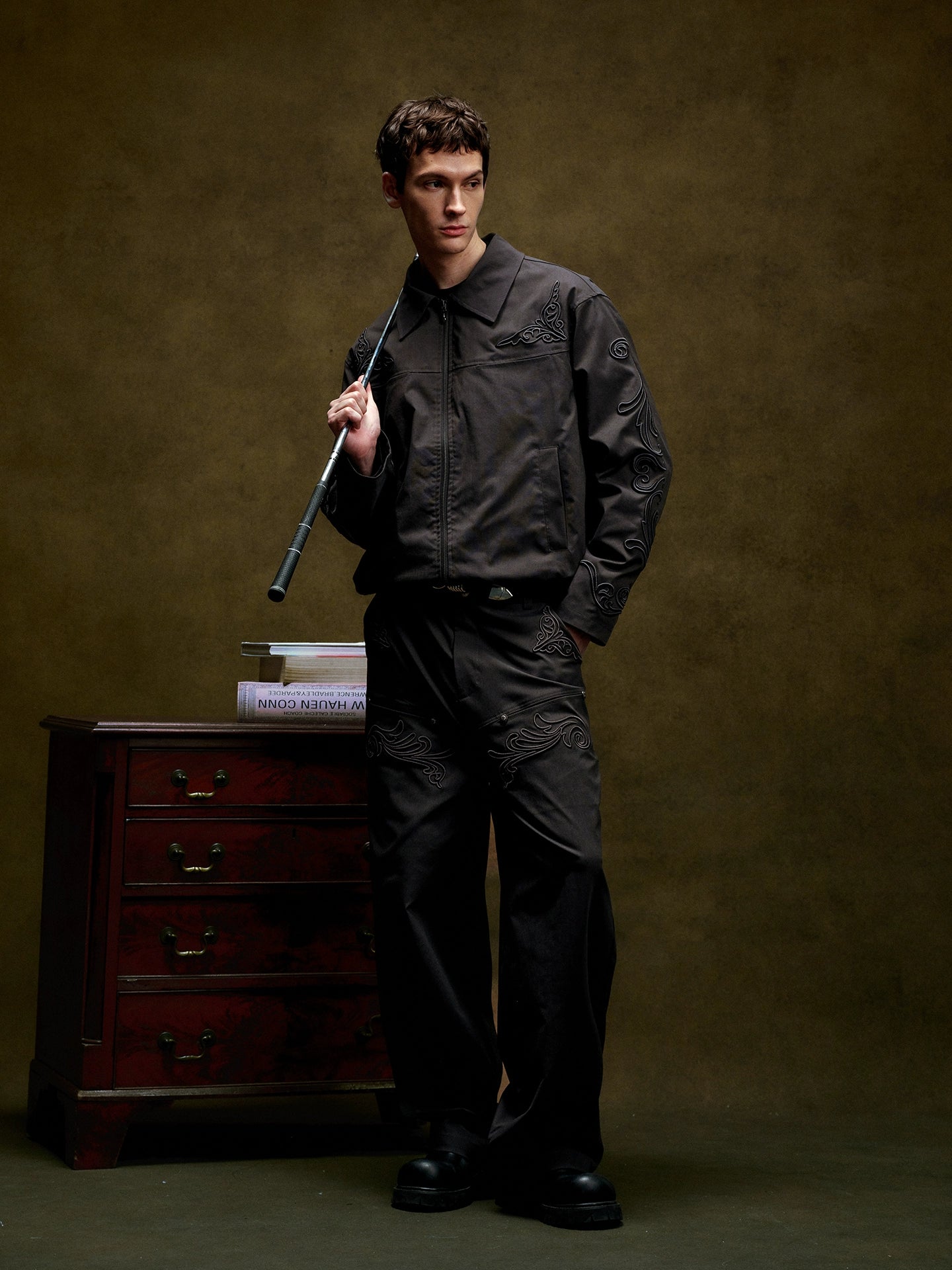 YADcrew Three-dimensional Line Embroidery Straight Tube Wide Overalls