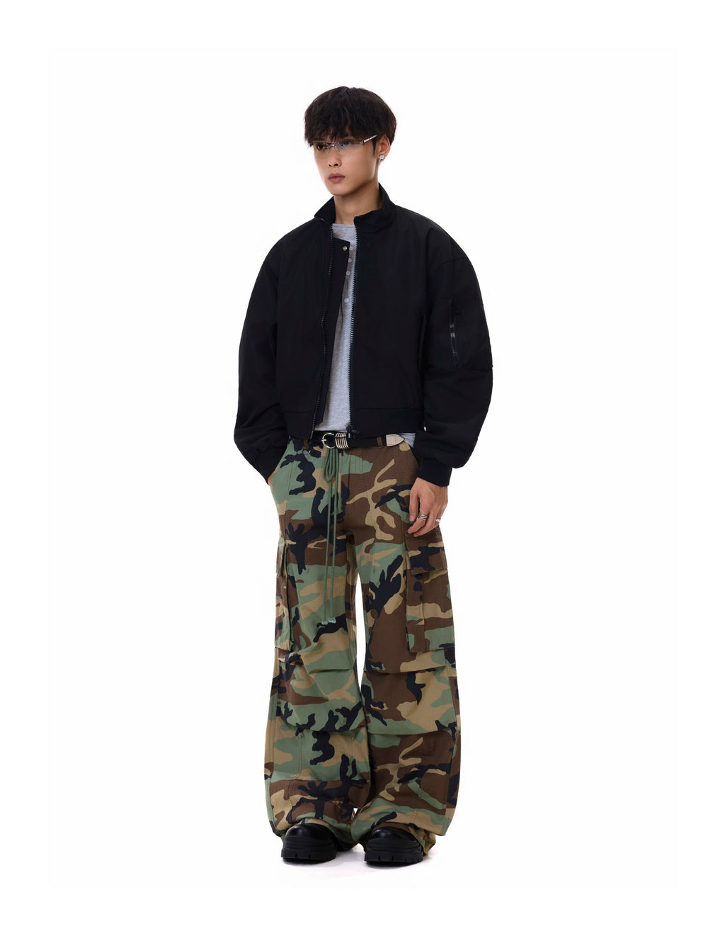 BTSG Wash Camouflage Drawstring Pleated Overalls