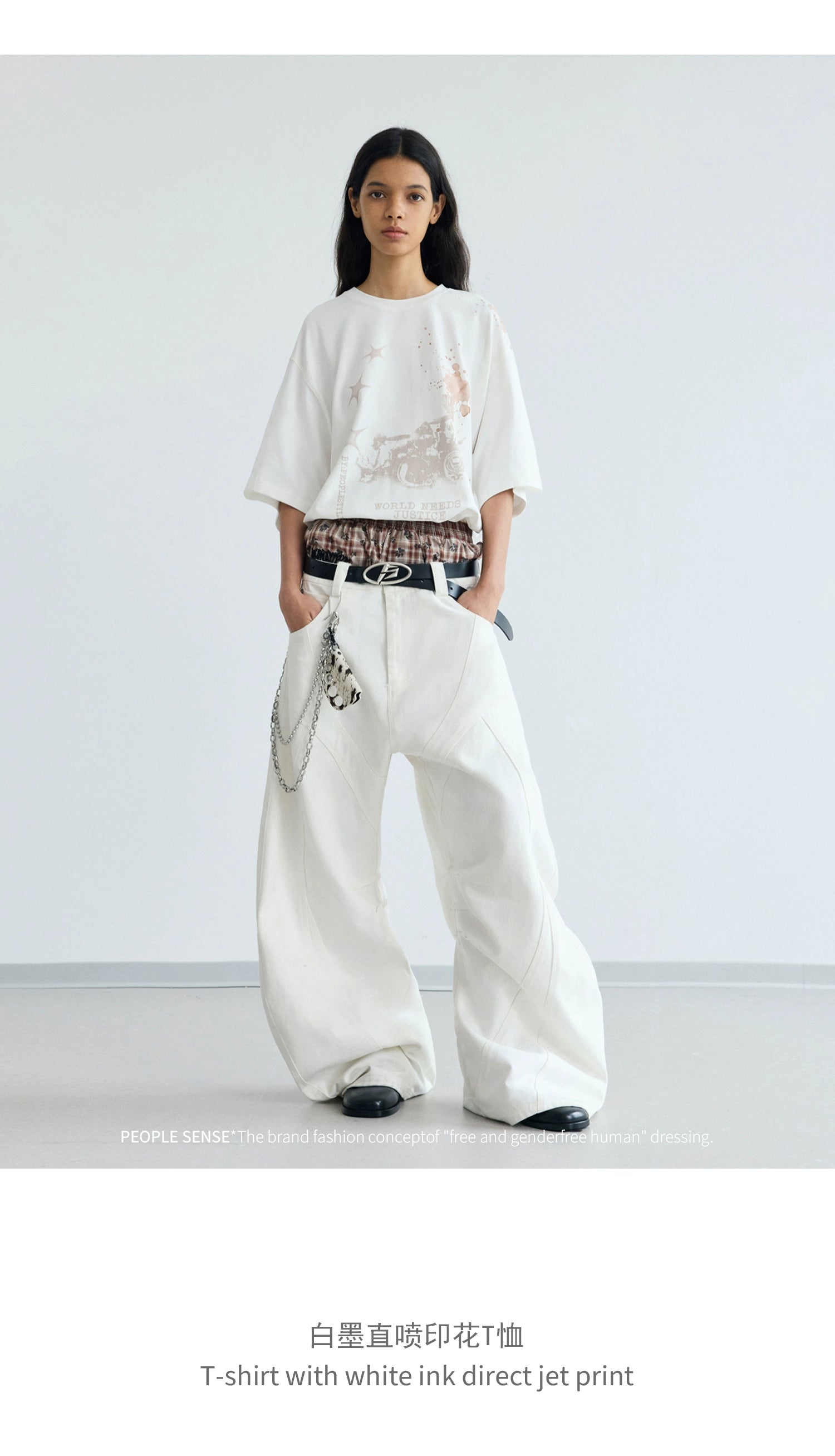 PEOPLESENSE Retro White Ink Direct Injection Printing Casual Tee