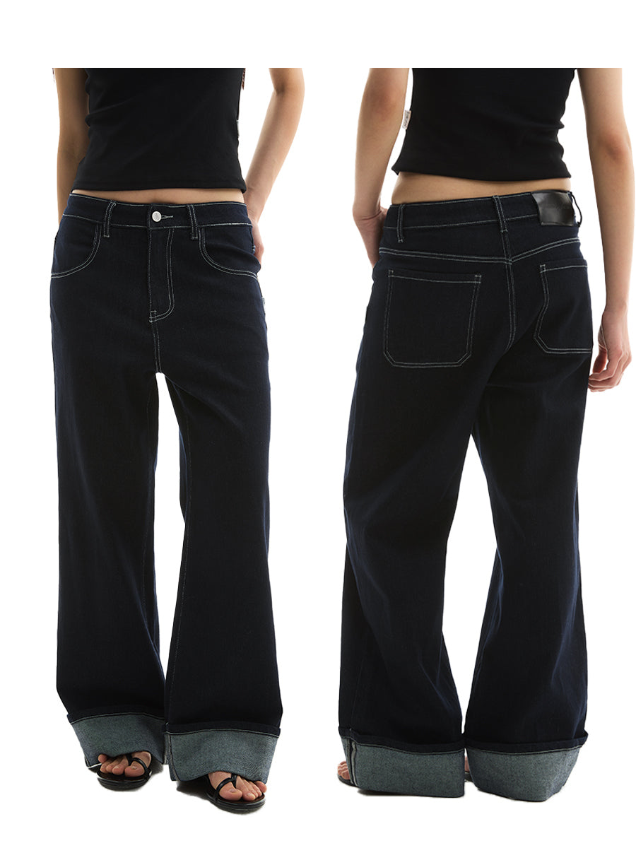 FUNKYFUN 2025SS fold-up pants micro-elastic primary color blue straight jeans