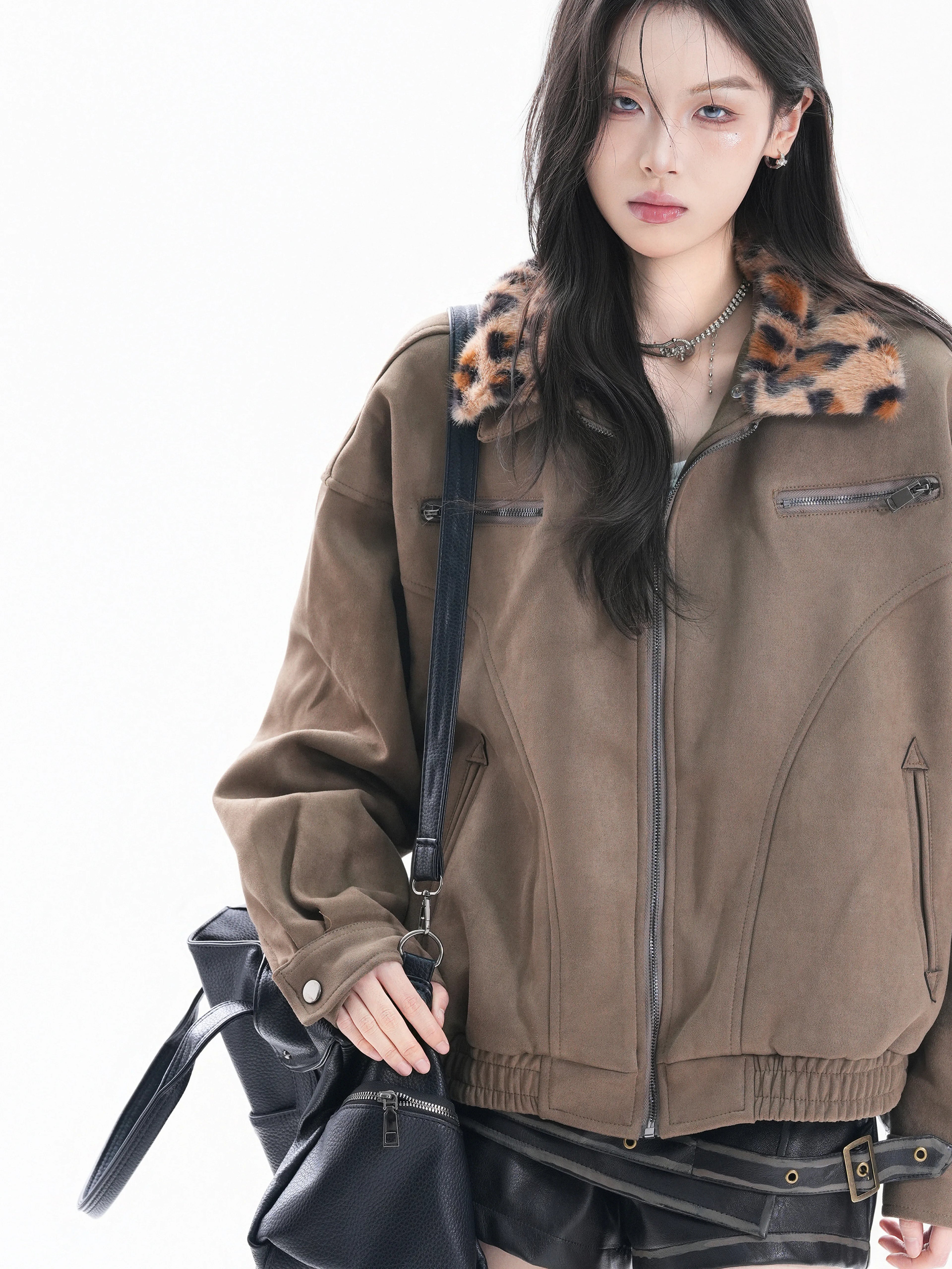 Zuocisankon Vintage Short Detachable Leopard Collar Jacket