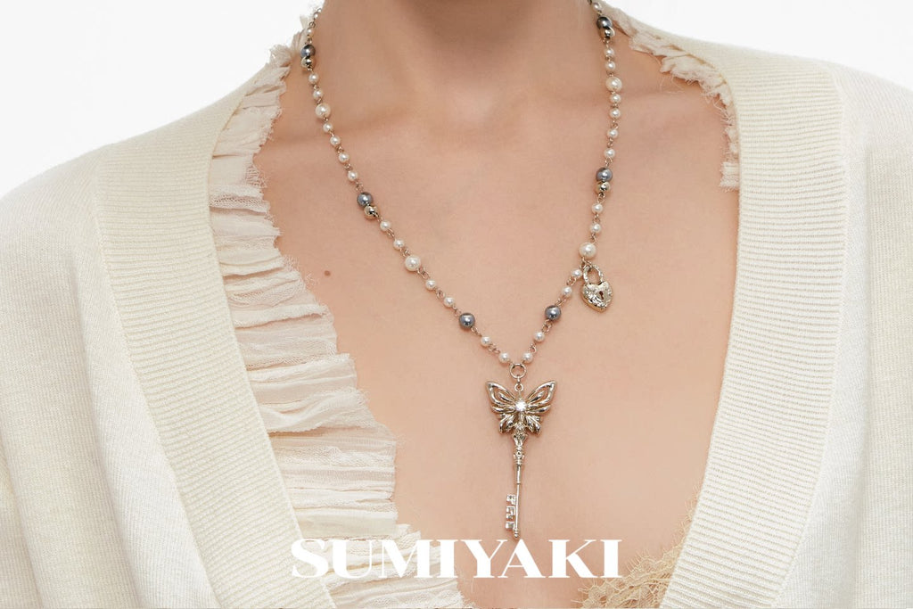 Sumiyaki Pearl Butterfly Layered Long Necklace