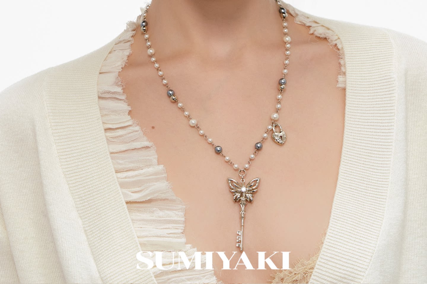 Sumiyaki Pearl Butterfly Layered Long Necklace
