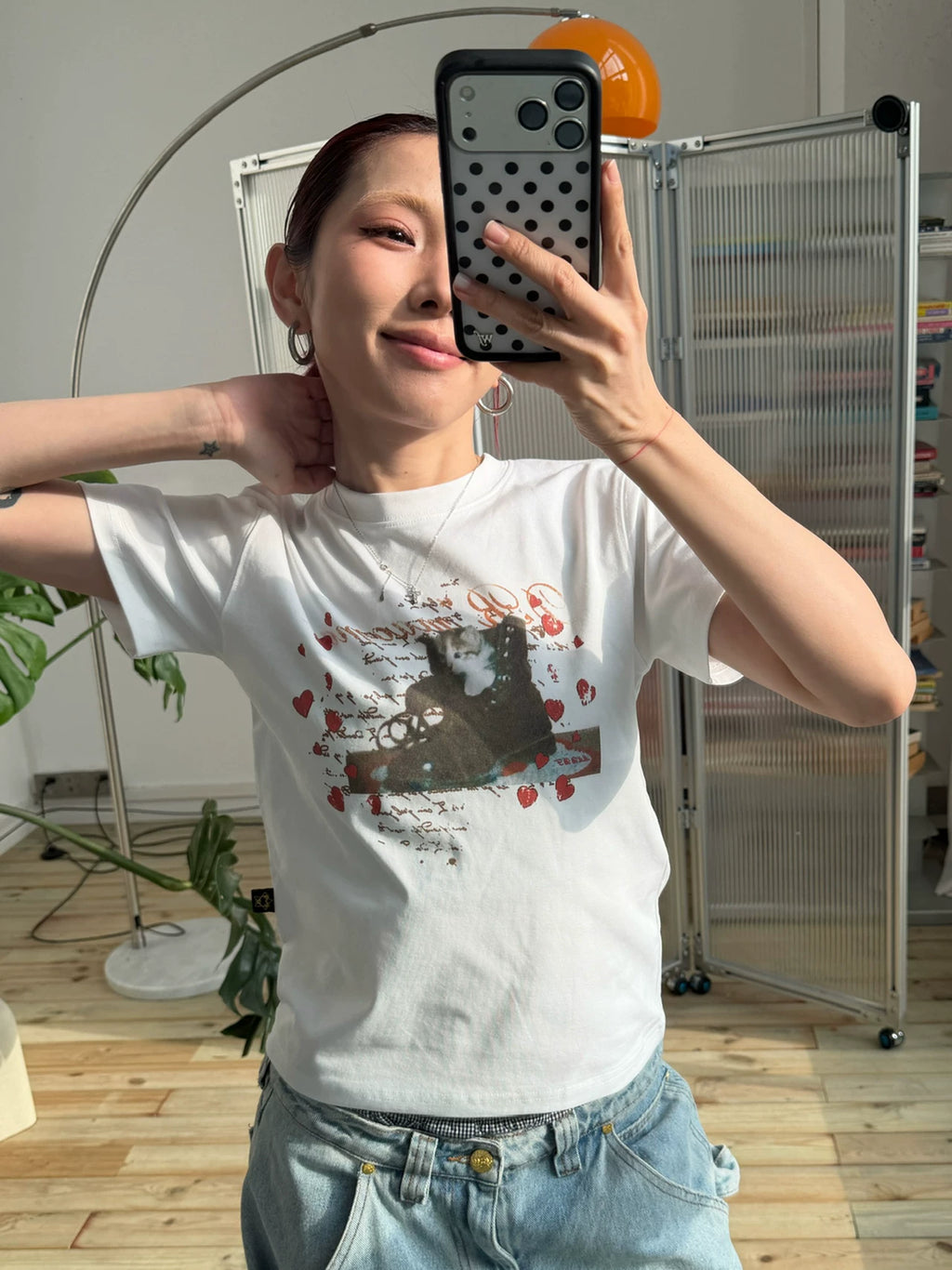 MMBBT Cartoon Kitten Print Front Shoulder Tee