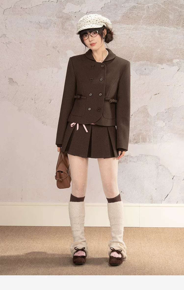 HEYNEW Maillard College Style Coat Pleated Skirt