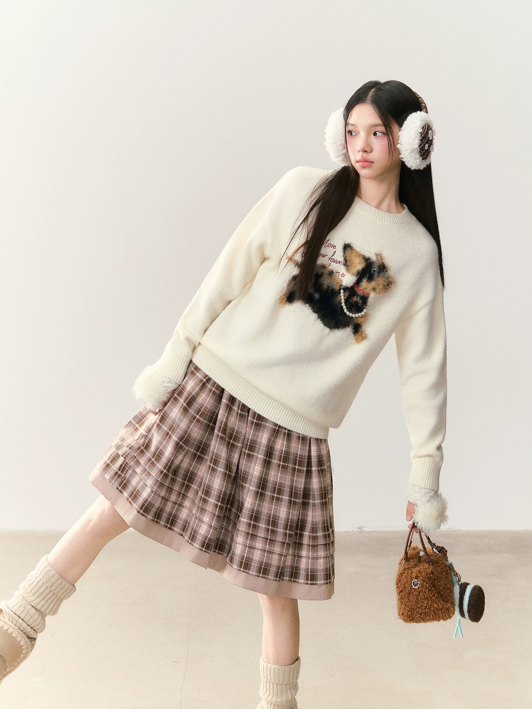 Umoumo Loose Casual Pearl Chain Embroidered Sweater