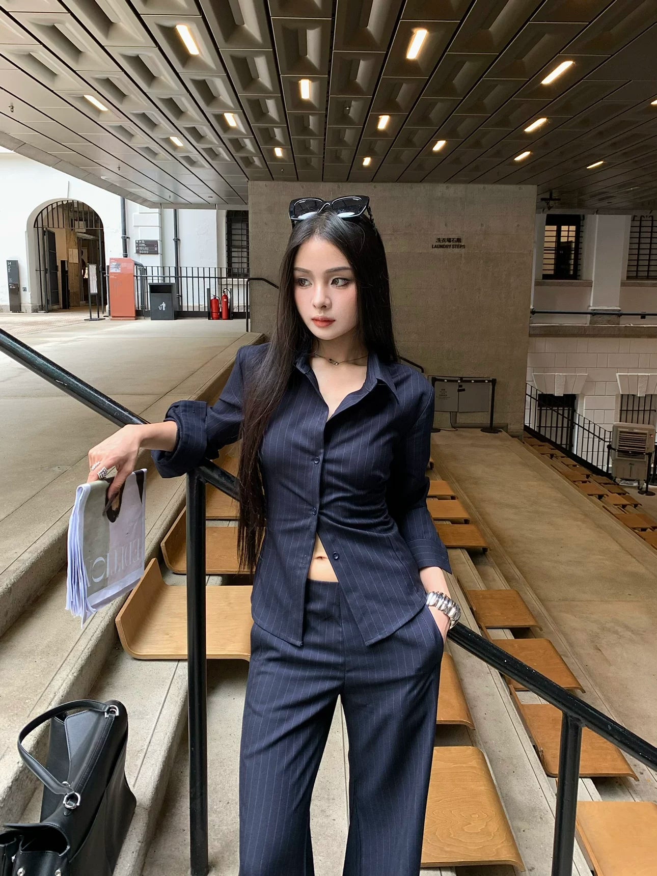 CHUYUQI Waist Striped Royal Sister High-end Shirt Flared Pants Set