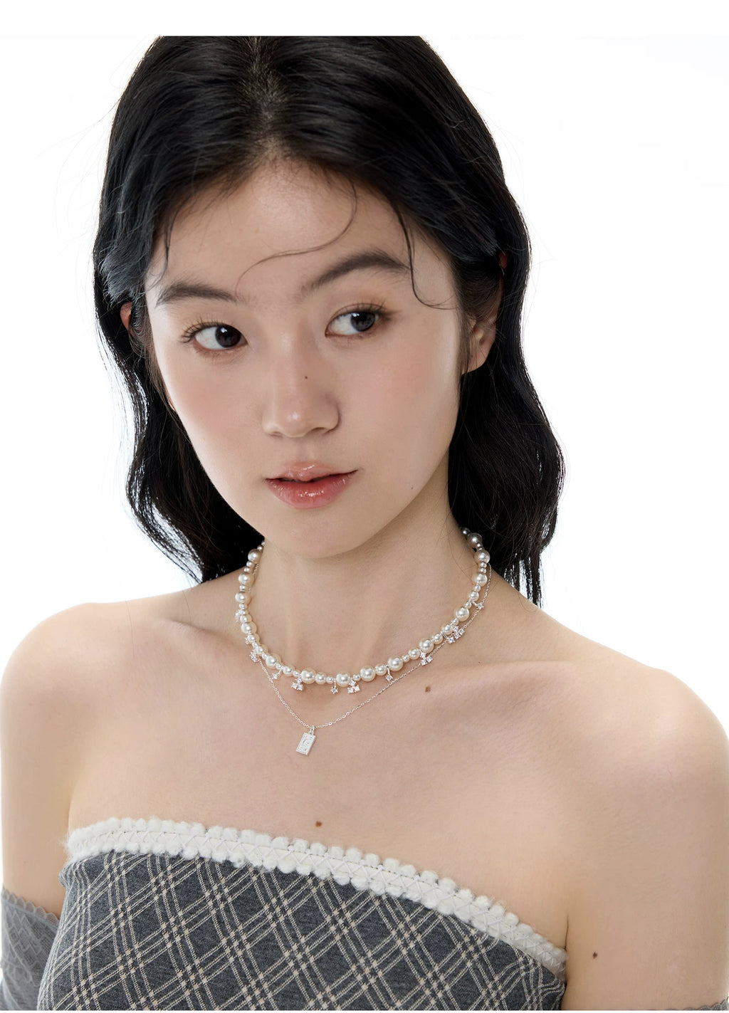 NO SOLUTION Silver Pearl Necklace Stacked with Light Luxury Collarbone Chain