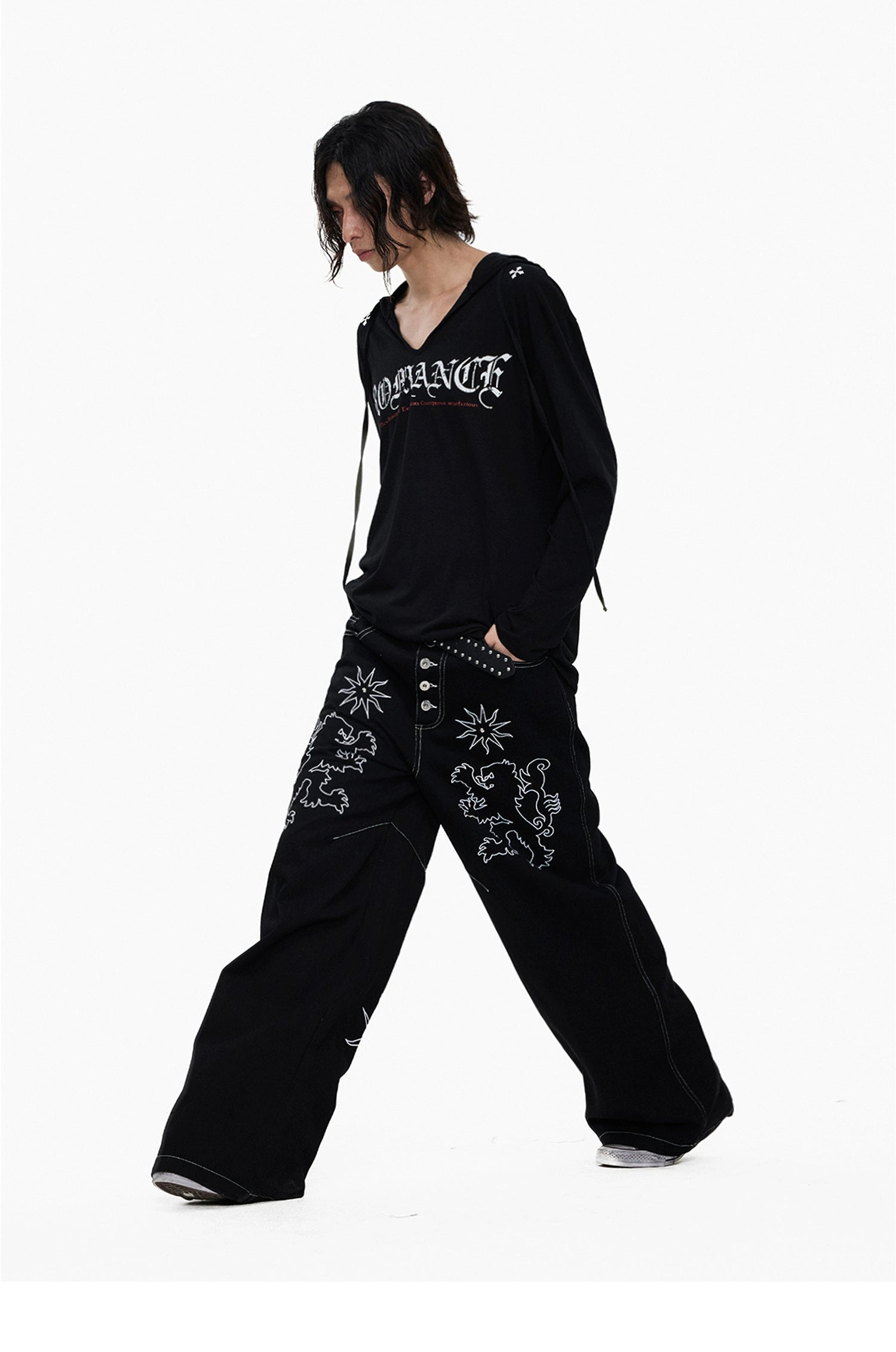 Lightinus Embroidered Breasted Wide-leg Jeans