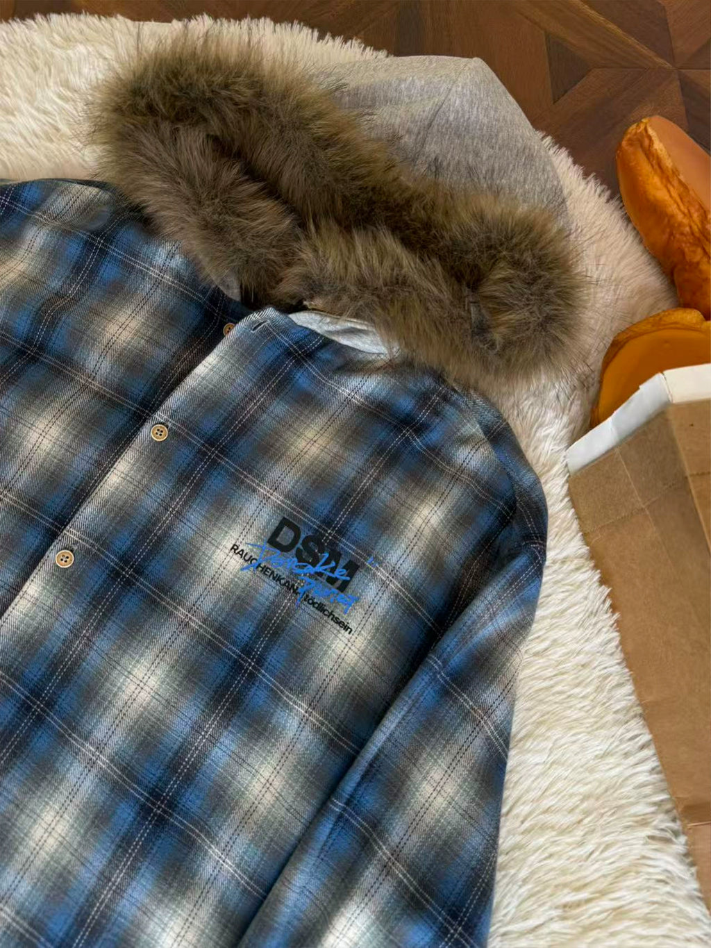 DONSMOKE Checked Hooded Fur Collar Shirt