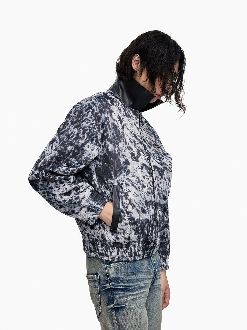 Lightinus Leopard Short Spliced Leather Lapel Jacket