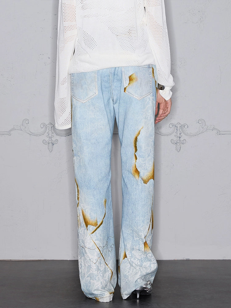 Rocawear Lace Stitching Digital 3D Printing Straight Jeans