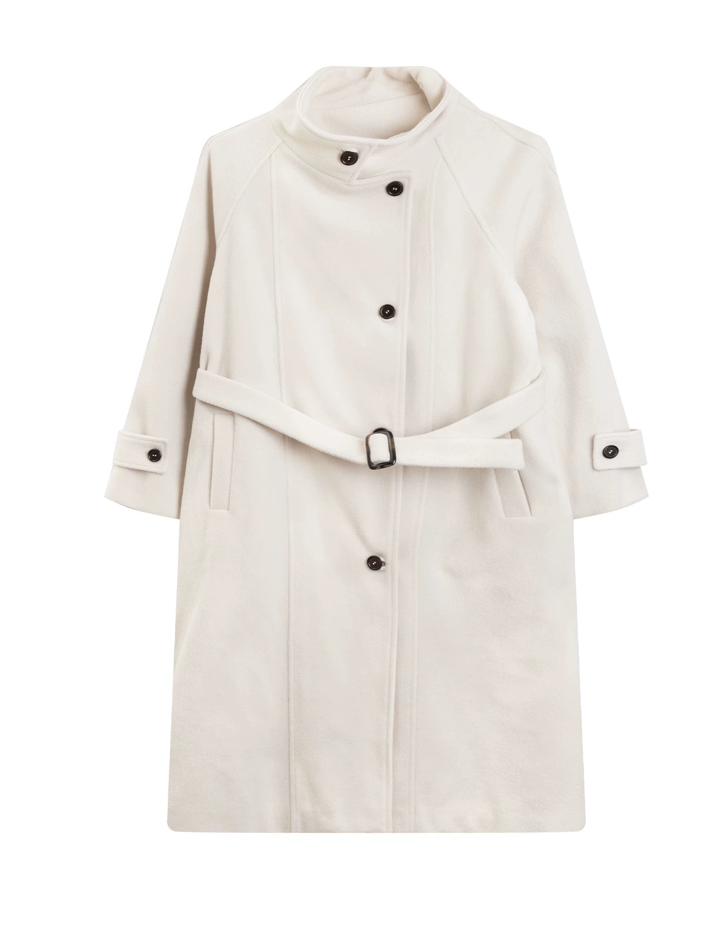 LOVEHEYNEW Stand-up Collar Waist-strapped Woolen Coat