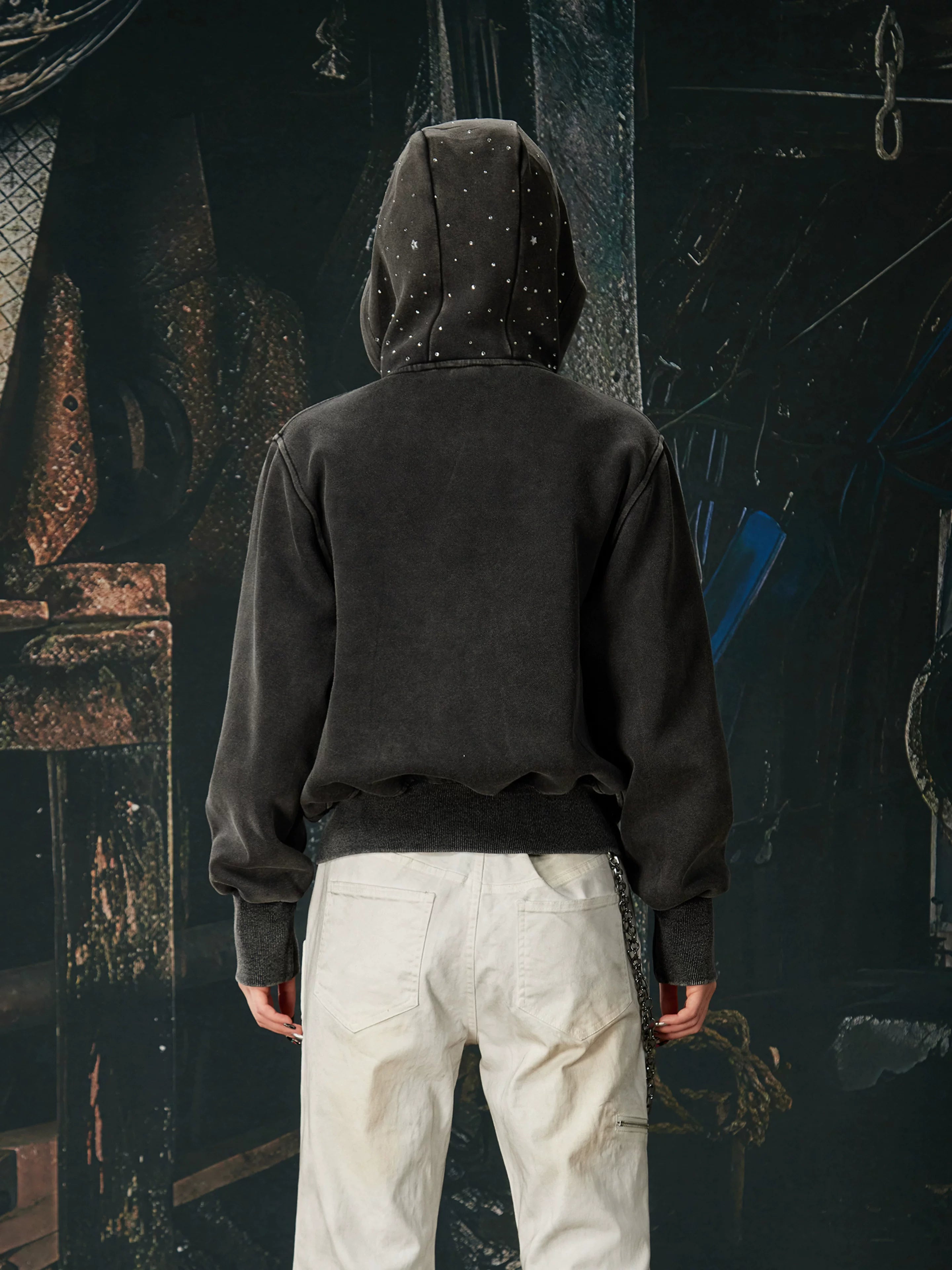 NOMANIAI Washed Hot Diamond Slim Fit Hooded Zipper Jacket