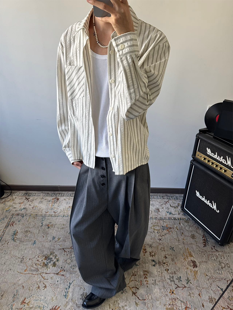 AMBSOM Vintage Striped Casual Front Shoulder Long Sleeve Shirt