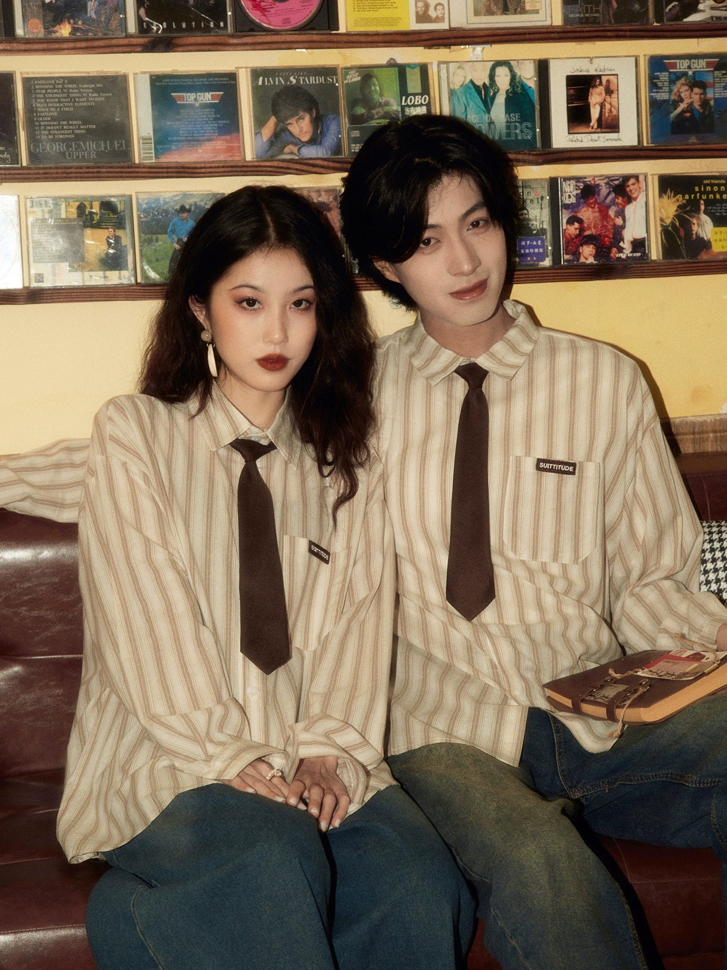 ALOHA Vintage Hong Kong Style Tie Long Sleeve Striped Shirt