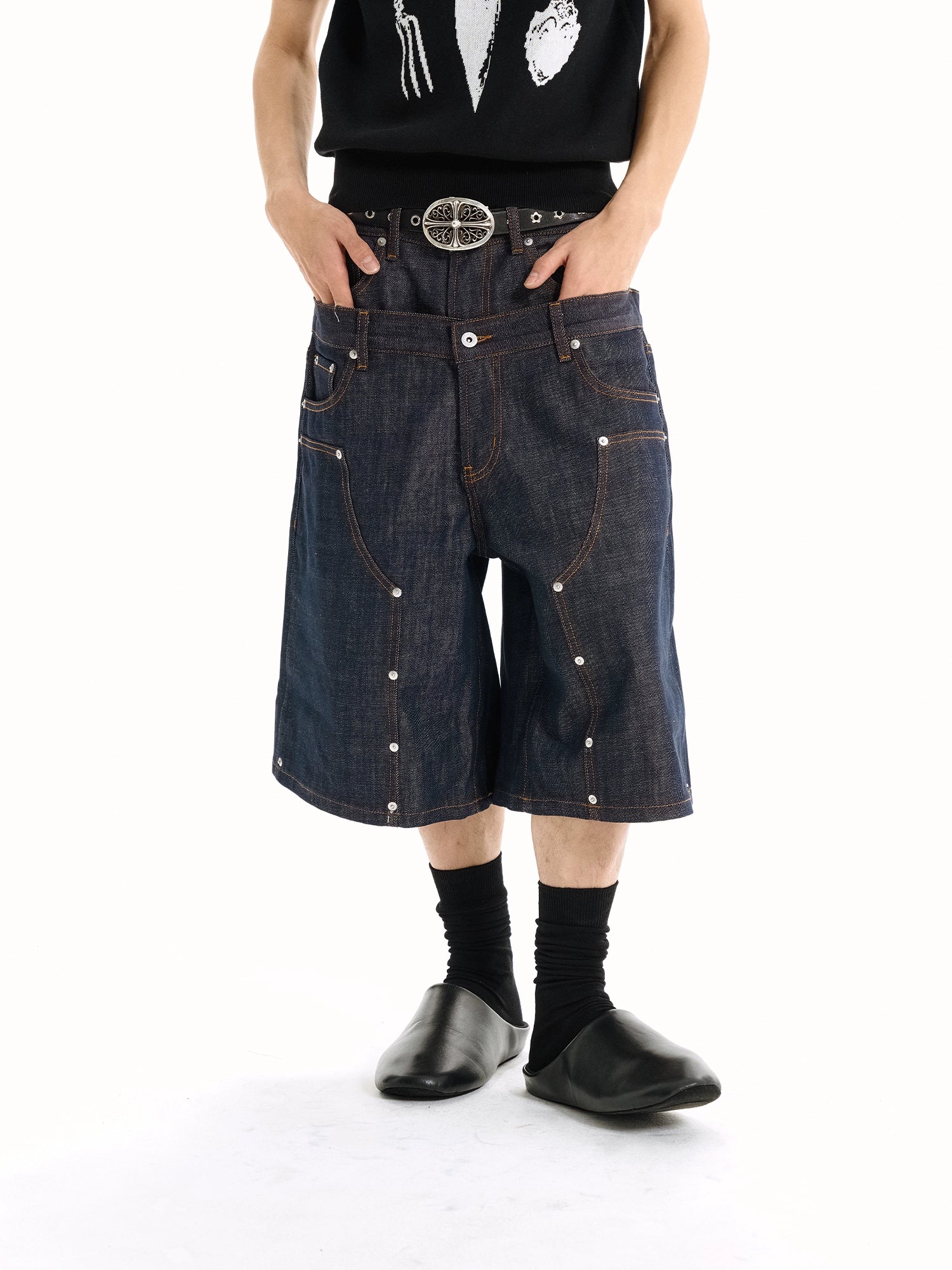 WANNA LAB Original Denim Logging A Word Six or Seven Point Short Trousers
