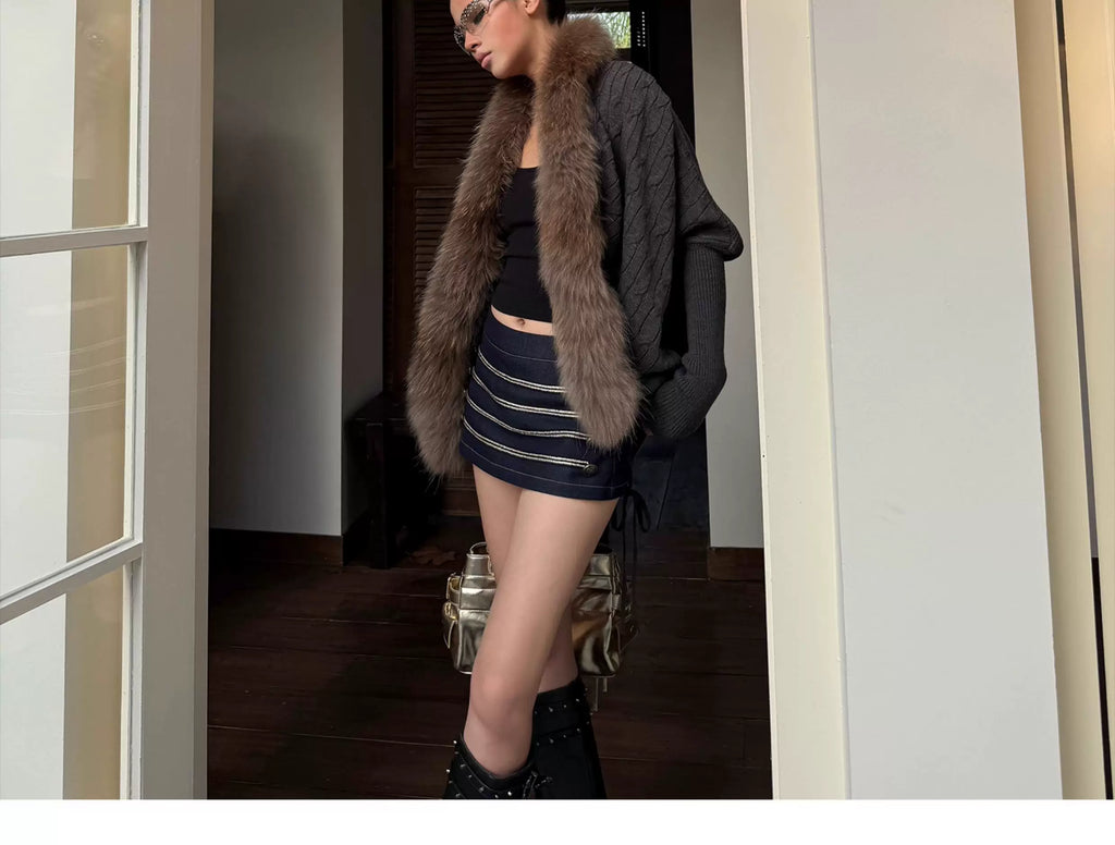 Audwyn Raccoon Fur Knitted Sweater Bat Sleeve Lazy Jacket