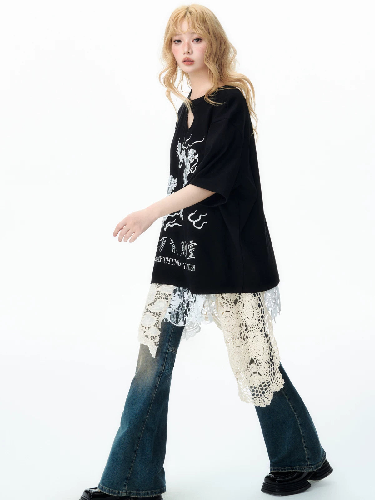 YEDM Embroidery Loose Round Neck Tee