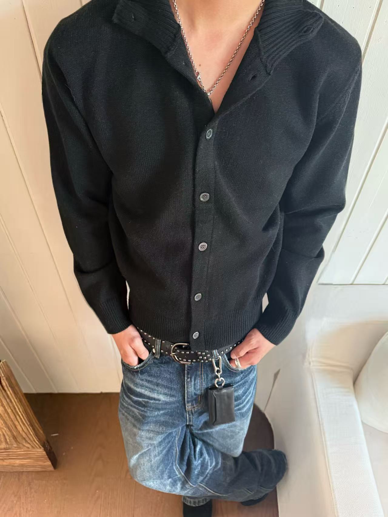 EME Knitted Ribbed Stand-up Neck Cardigan Sweater