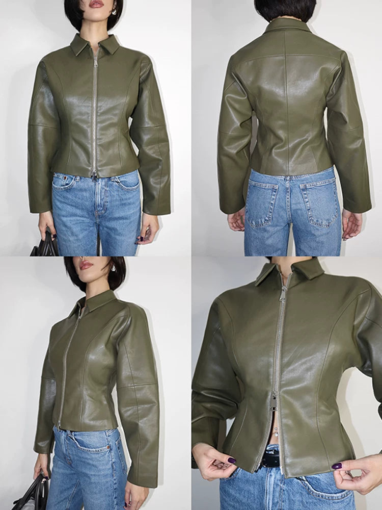VanessaLab Vintage Slim Fit Waist Short Leather Jacket