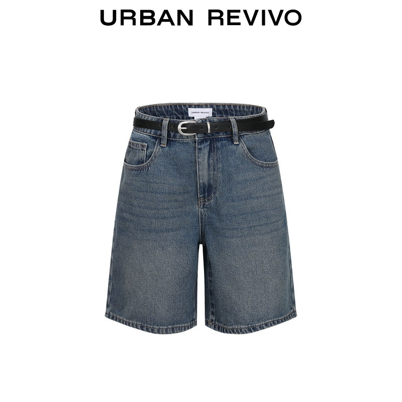 URBAN REVIVO Cat Whisker Washed Belt Denim Shorts