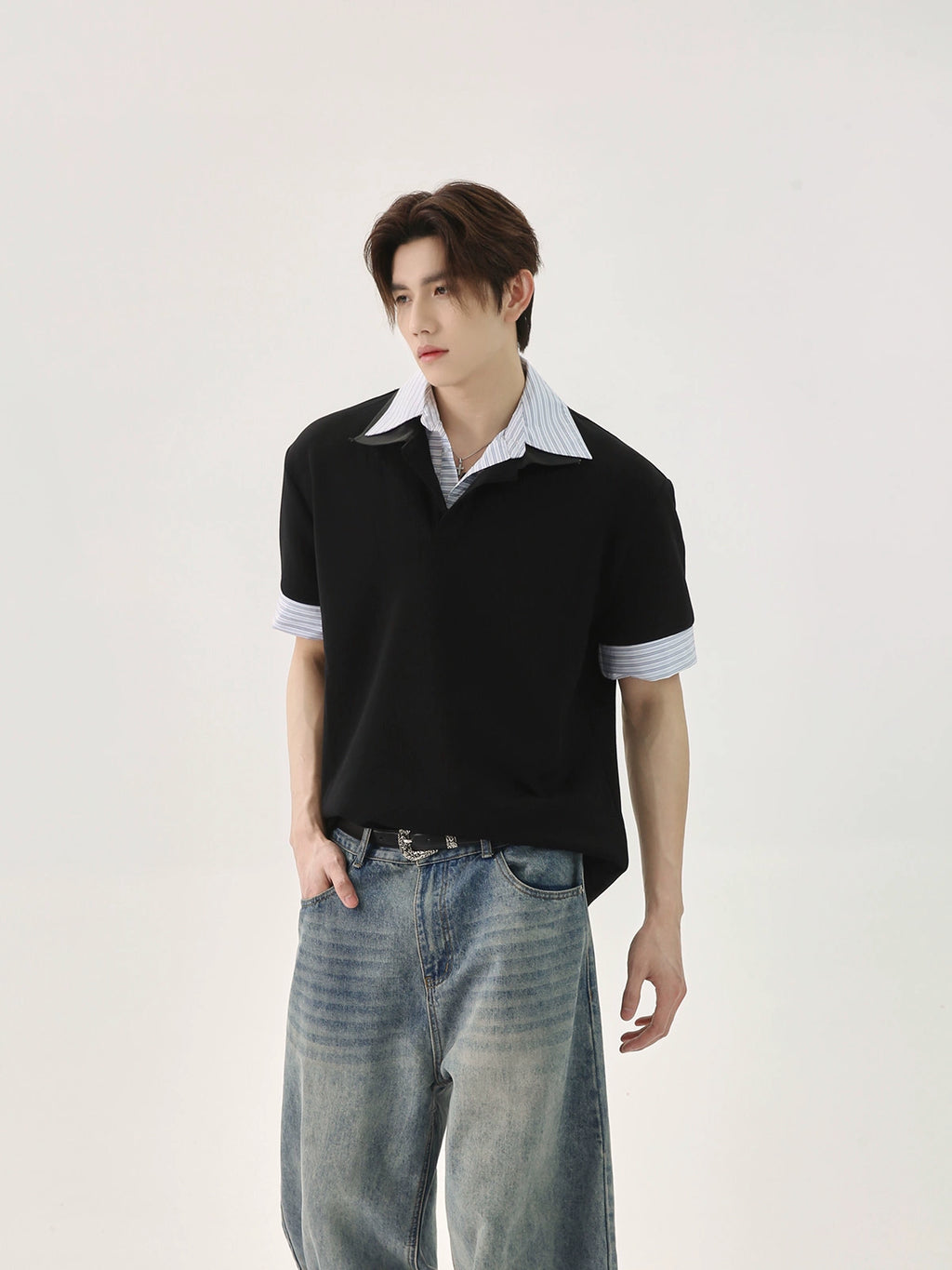 TURNTIDE Spliced Striped Loose Casual Versatile Short-sleeved POLO Shirt